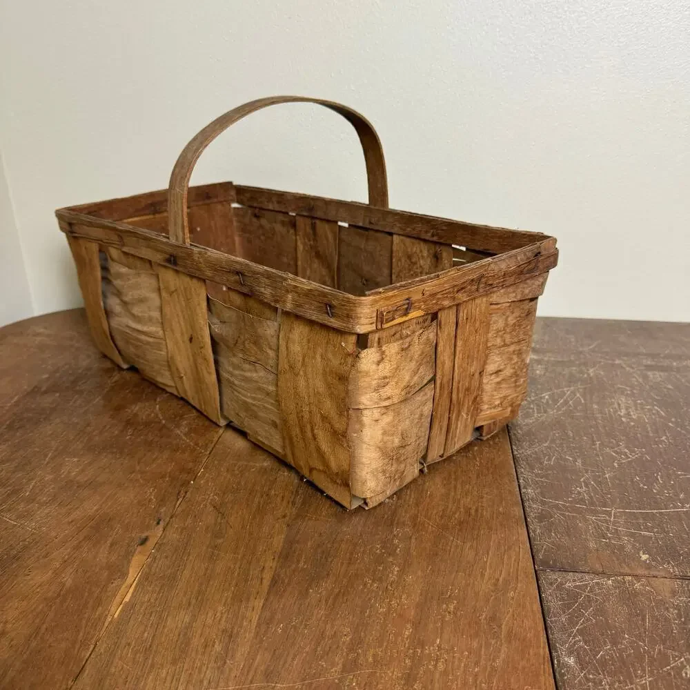 Vintage Primitive Woven Splint Wood Harvest Basket with‎ Fixed Handle Brown